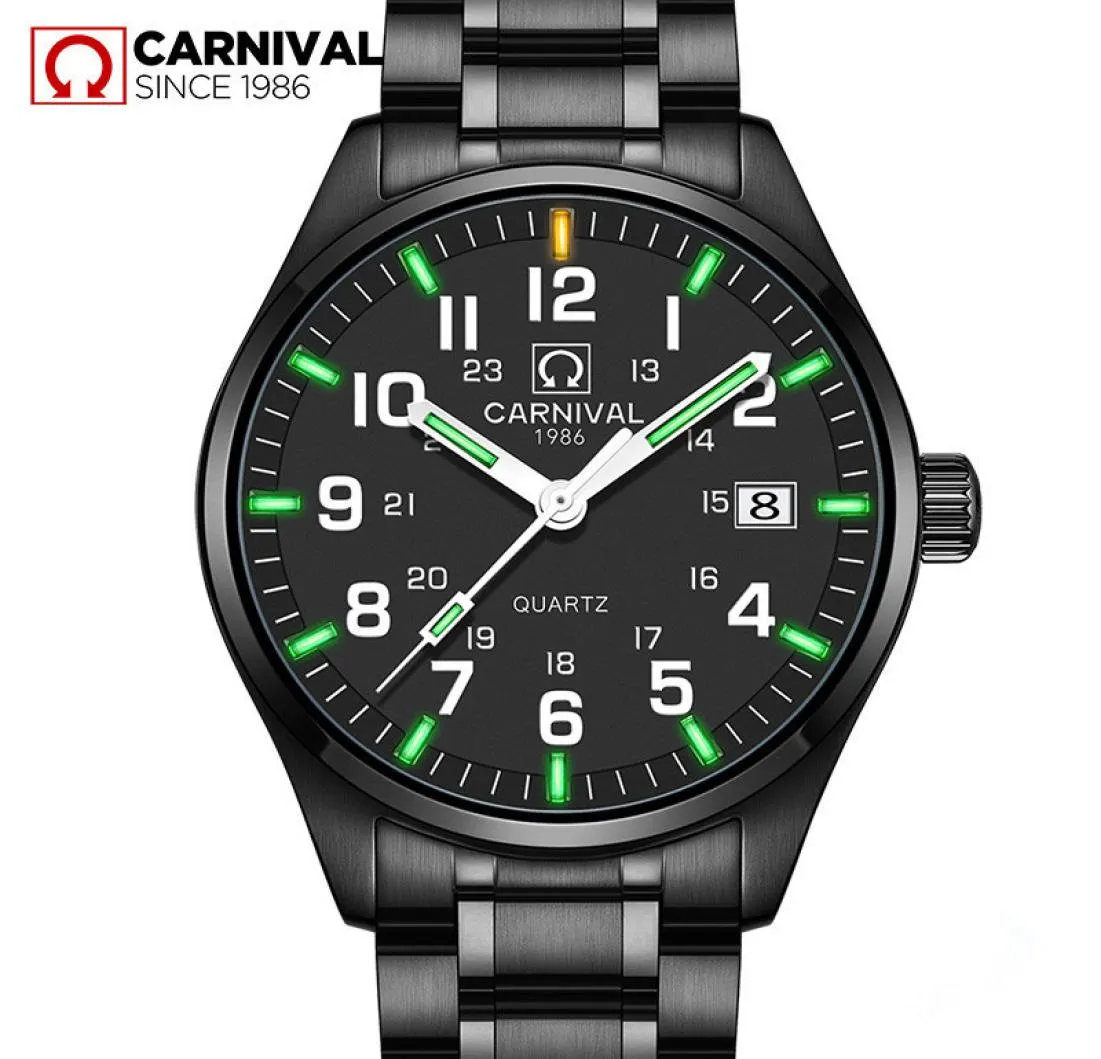 Carnival T25 Tritium Watch Men Fashion Luminous Quartz armbandsur Mens Watches Top Brand Luxury Waterproof Clock Saat Erkekler T1920011