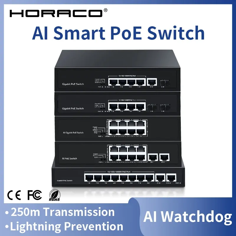 Kontrola przełącznika Horaco PoE 8 Port 10/100 Mbps Gigabit z IEEE 802.3AF/AT 4/5/6/10 Przełącznik sieciowy dla kamery IP, Switch AI Smart 48V Switch