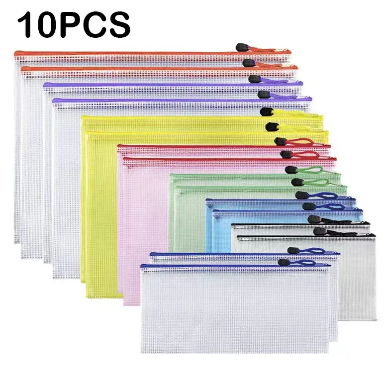 Sacchetti 10pcs A4/A5/A6 Mash Zipper Cash Document Cartella di file con zip impermeabile A4 Forniture per uffici scolastici Penna borse da archiviazione a matita