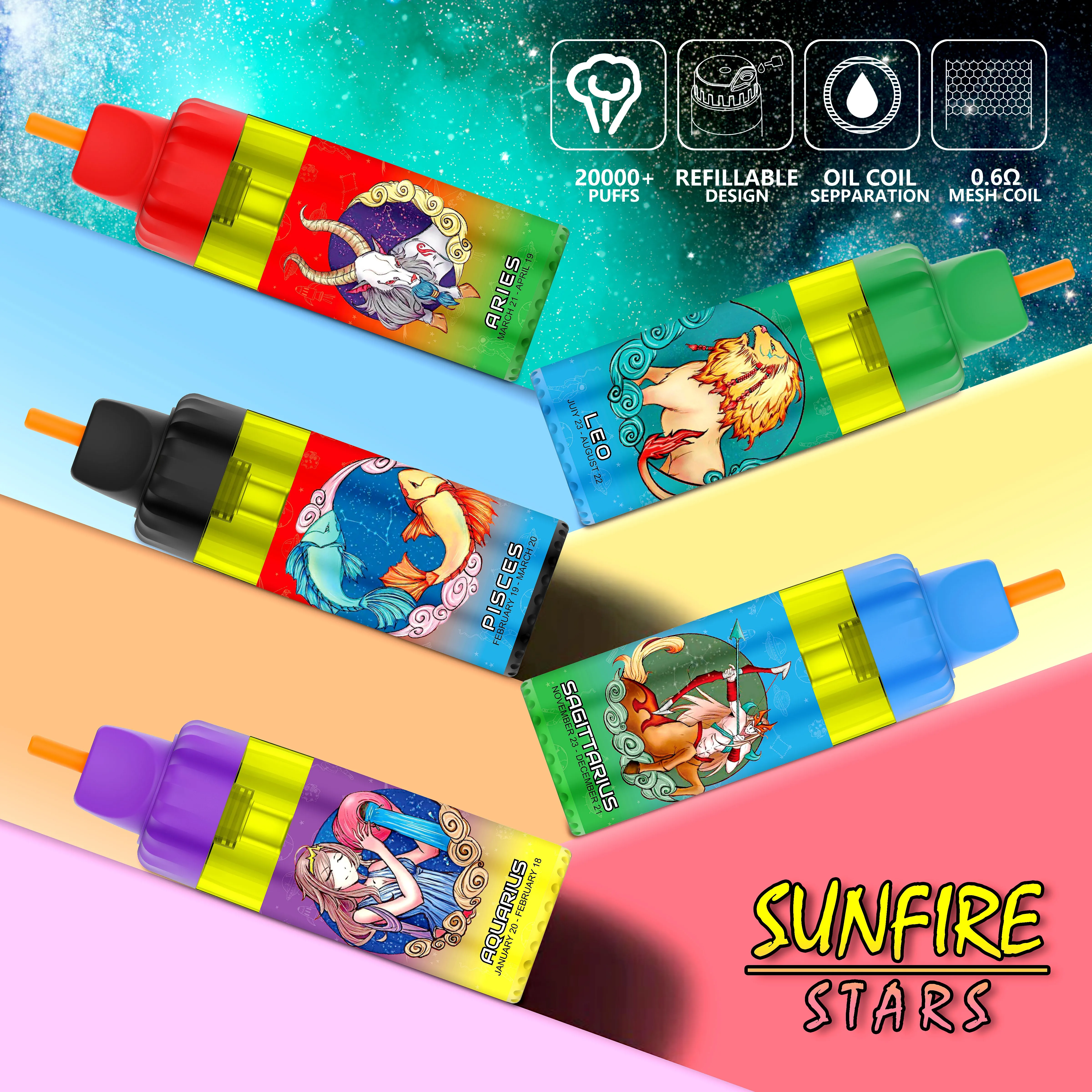 Orijinal Sunfire Stars DTL 20000 Puflar Tek Kullanımlık Vape 12K 15K 20K Shisha Buharı 600mAH Şarj Edilebilir RGB Önceden 0%2%5%5 ayarlanabilir hava akışı görünür cihaz örtü bobini