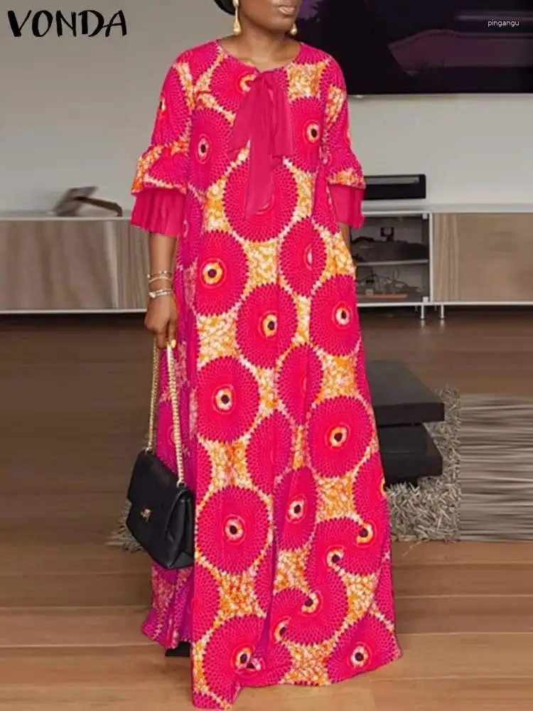 Casual Dresses Vonda Women Autumn Floor Length Dress 2024 Vintage Patchwork Mönster Bohemian Beach sundress Loose Robe Femme