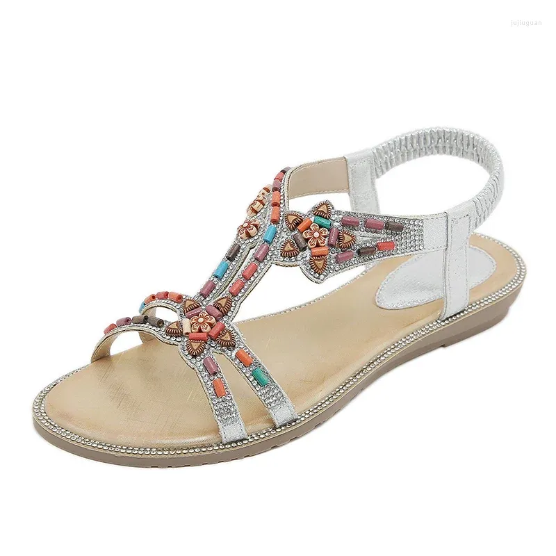 Buty swobodne 2024 Summer Kobiety 0,5 cm platforma 2 cm niskie obcasy rzymskie sandały żeńskie błyszczące koraliki sznurkowe dama