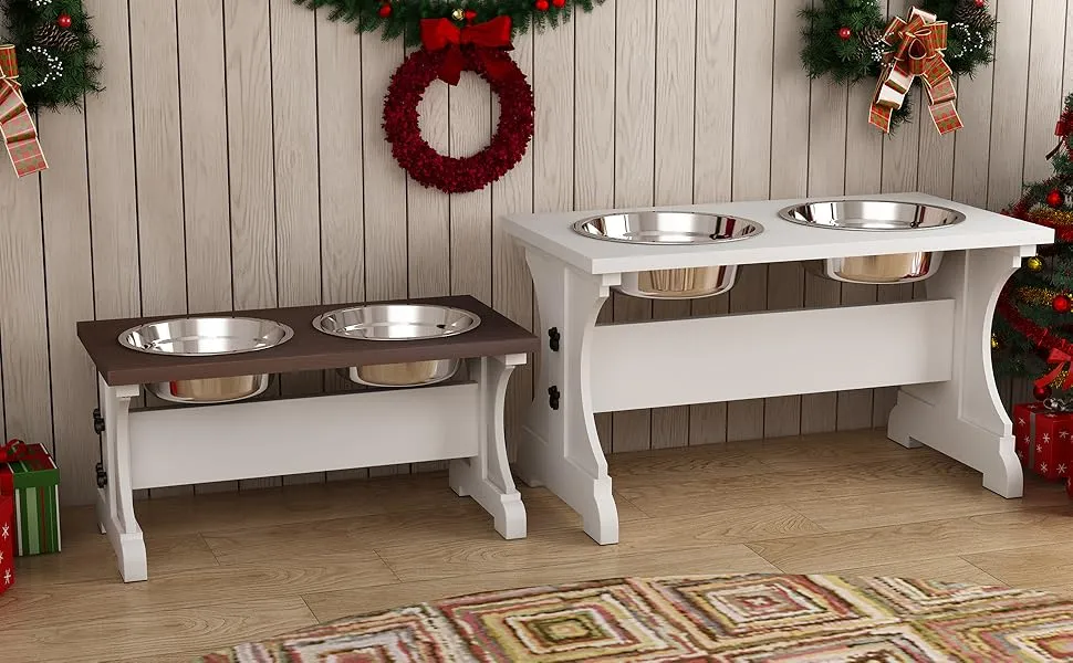 Pet Supplies : Piskyet Elevated Dog Bowls,Farmhouse Dog Bowls Stand, Raised Dog Bowl With 2 Stainless Steel Wooden Dogs Bowls,7 Cups 11''H_55 Oz Bowl-Farmhouse Style
