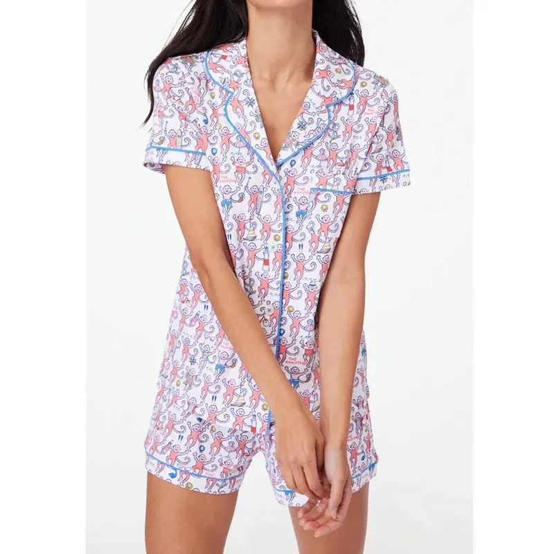 Preppy Pyjamas Monkey Pattern Set 2000 -tal Kvinnor Sleepwear Single Breasted Short Sleeve Shirt Top and Shorts Two Piece Loungewear 240420