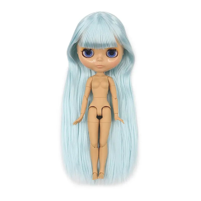 Dolls Icy DBS Blyth Doll 1/6 BJD Corpo articular Cabelo azul pálido Cabelo liso Tan Tan Face Siny Face 30cm Garotas Presente Presente