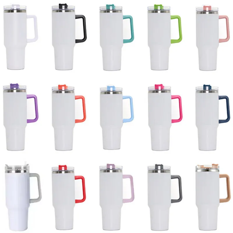 Tobus de sublimation de 40oz avec poignée et pailles en acier inoxydable vide isolée tasses bières tasses à grande capacité