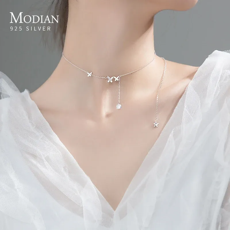 Necklaces Modian Beautiful Cute Dancing Butterfly Tassel Zirconia 925 Sterling Silver Link Chain Chokers Necklace for Women Fine Jewelry