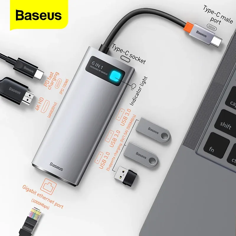 Hubs Baseus USB C HUB USB 3.0 3 0 Type C Multi HUB for Macbook Pro Air Surface Pro 7 USB Ethernet Network HUB Dock Station Splitter