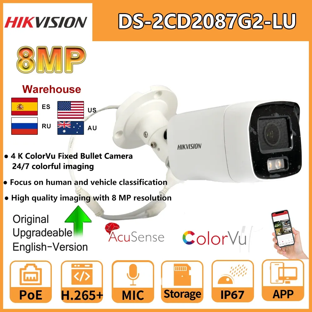 렌즈 HikVision 8MP IP 카메라 4K Colorvu 총알 24/7 다채로운 이미징 풀 컬러 DS2CD2087G2LU POE 내장 MIC 비디오 감시