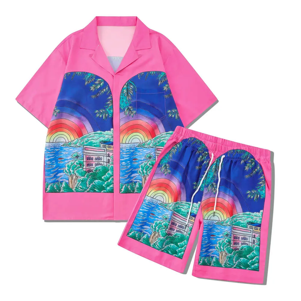 Designer Casa Short Set Fashion Shirt Rainbow Printed 2024 Casual Loose Short Sleeve T Shirts Short Tee Beach Shorts Summer Swim Designer Mens Shirt FZ2404222