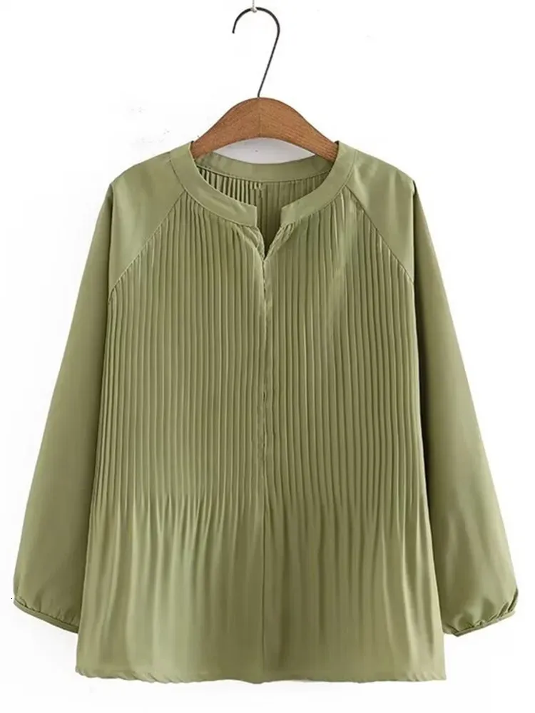 Camisa de mujer de talla grande Spring delgada y otoño Mangas de hombro que caen a la altura larga Tapa de gasa plisada Nonstretch 240419