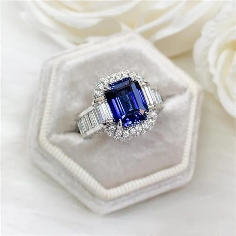 Anillos de boda de joyas de lujo 925 STERLING Silver Princess Cut Blue Sapphire CZ Diamond Moissanite Party Women Engagement Bridal RI196P