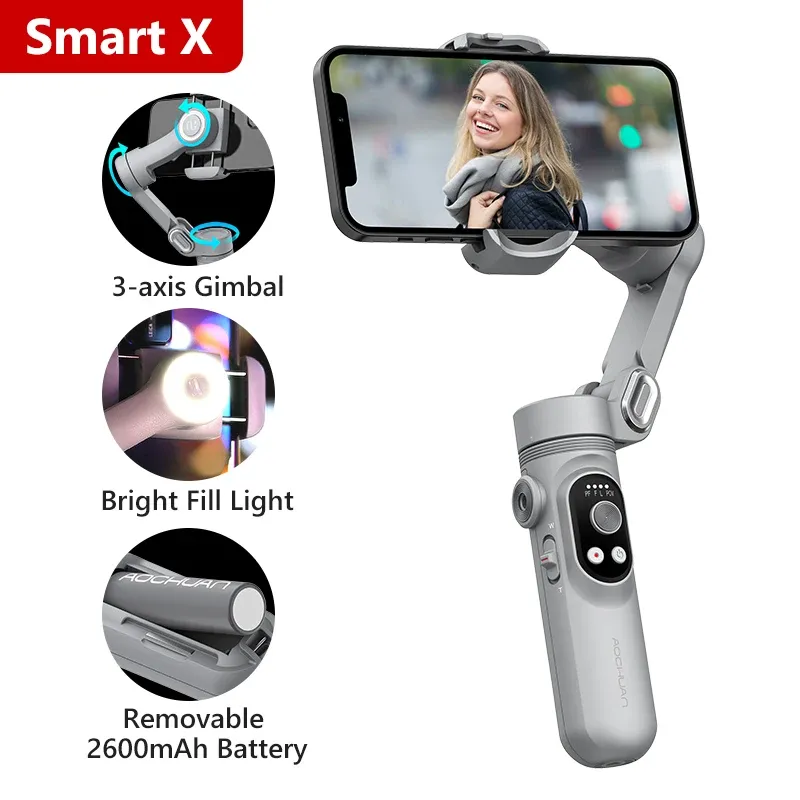 Bratene Aochuan Smart X Pro 3Axis Pollenzio stabilizzatore gimbal portatile con ricarica wireless di luce di riempimento per la fotocamera d'azione per smartphone