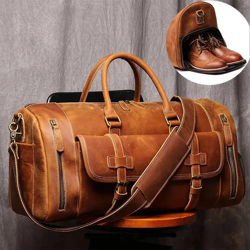 Сумасшедшая лошадь подлинная кожаная мужчина Travel Bag Vintage Duffel Big Cow Carry на багаже выходные большое плечо 240419