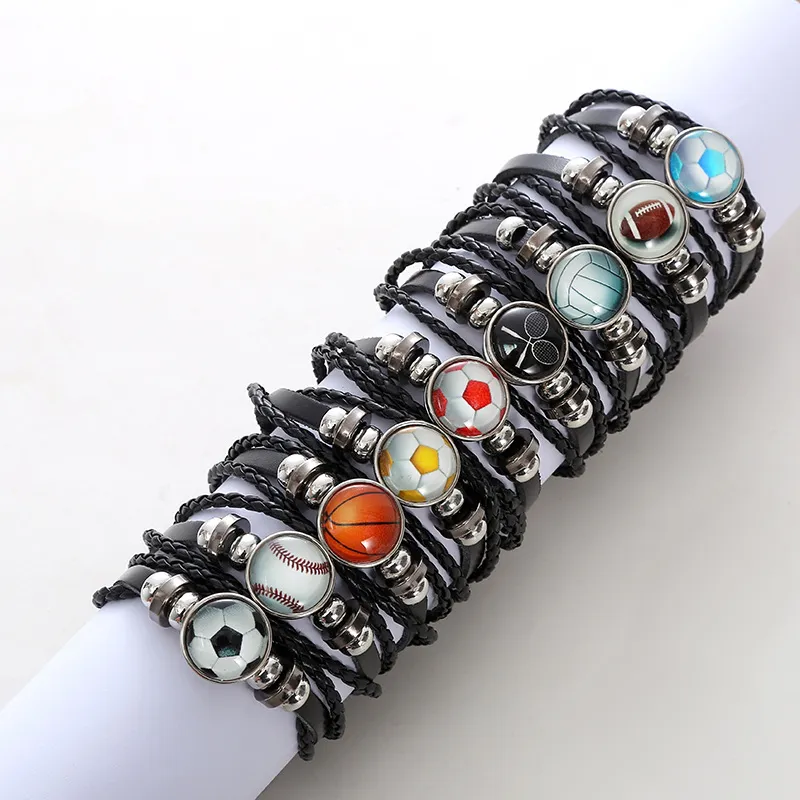 Leather Hand-woven Ball Charm Bracelet Baseball Football Basketball Team Fan Hand Rope Bracelets Fan Souvenir Jewelry Charm Gift Fashion Wholesale 9 Design #074