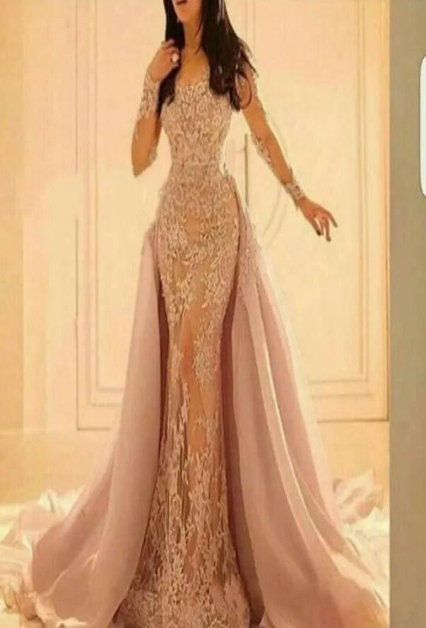 2019 Full Spitze Langarmes Abendkleider schaufeln abnehmbarer Tullle Court Train Mermaid Prom Party Kleider elegant3944976