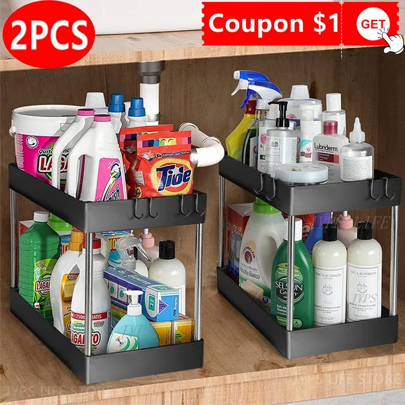 Organization 1/2 Pcs Under Sink Storage Organizer 2 Tier Drawer Multipurpose Rack Cabinet Under Sink Storage Rack Bathroom Kitchen Organizer