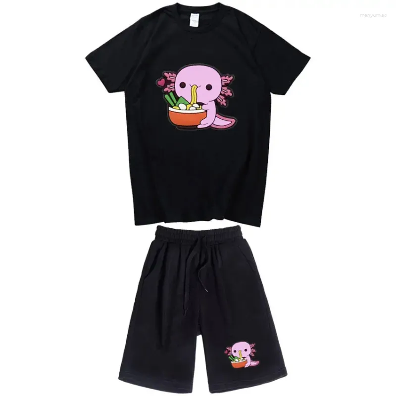 Erkeklerin Tracksits Axolotl Boba Milk Harajuku Estetik Grafik Baskı Tişört Giysileri 2024 Kawaii Yaz Kısa Kollu Takım