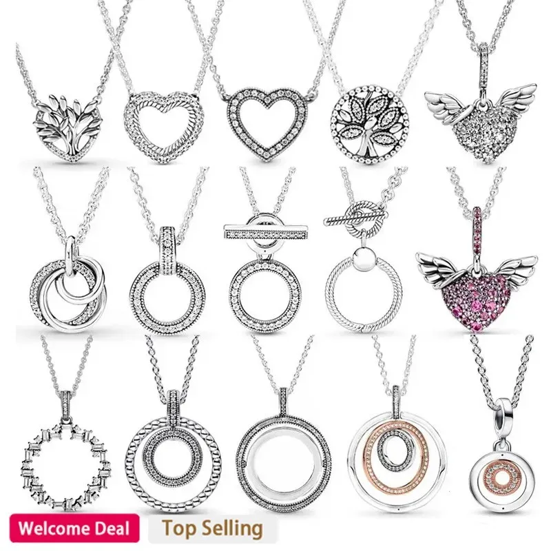 Necklaces Women's Jewelry Original Logo 925 Sterling Silver Classic Genealogy Tree Shiny Angel Wings Heart Logo Necklace DIY Charm Jewelry