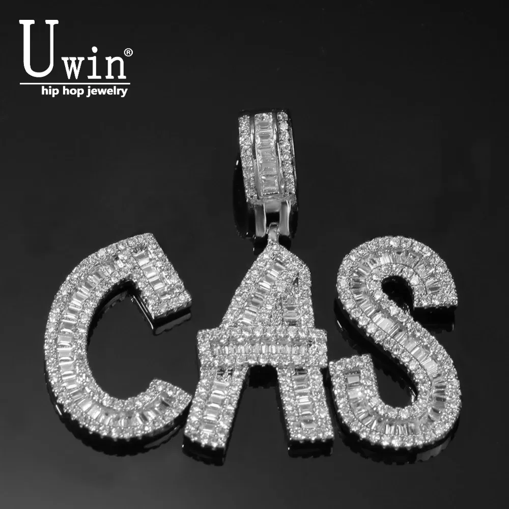 Colliers Uwin Cutsom Baguette Letters Collier Nom Pendant Bling Bling Full Iced Out Luxury Zirconia Tennis Chain HipHop Bijoux