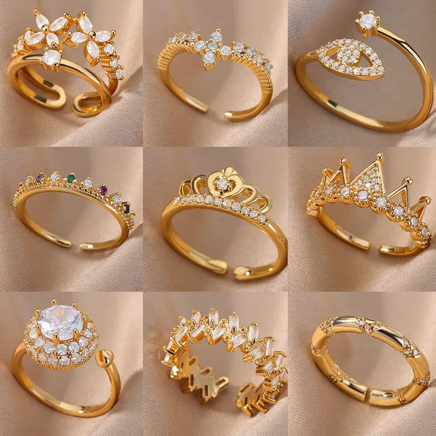 Banden vintage geometrie ringen elegante open zirkoon prinses kroon cross eye knokkel vinger ring goth verjaardag bruiloft sieraden cadeau bague