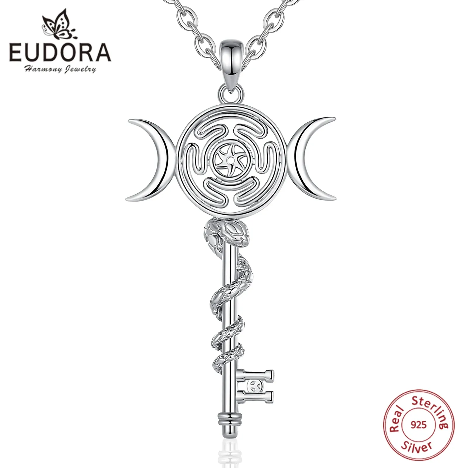 Halsband Eudora 925 Sterling Silver Hekate Wheel Necklace For Women Snake Key Triple Moon Goddess Pendant Witch Jewelry Personality Gift