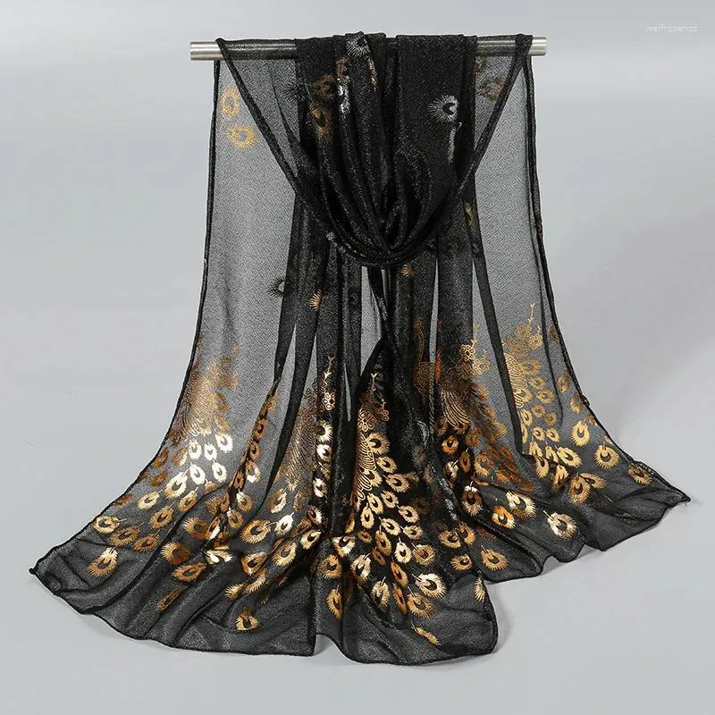 Scarves Summer Chiffon Long Scarf Georgette Neck Fashion Solid Hijab Glitter Thin Muffler Gold Peacock Print Wrap Shawl