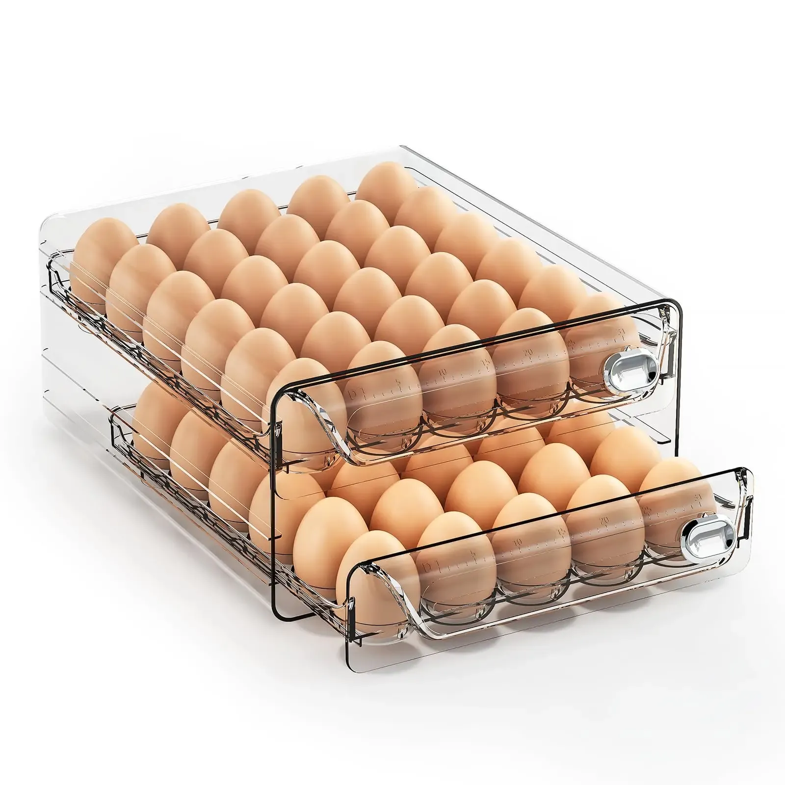 Bins Egg Holder for Refrigerator Drawer Organizer with Time Scale, Clear Egg Fresh Storage Box for Friage, Large Capacity Egg Tray