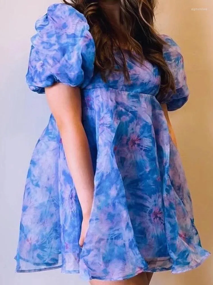 Платья для вечеринок 2024 летние женщины элегантная квадратная шея пурпурное акварельное печатное припечаток