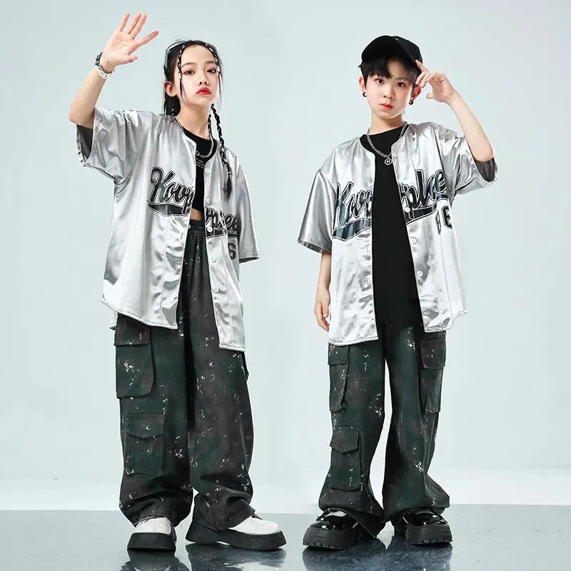Stage Wear Girls Silver Short Sleeve Jacket Hip Hop Joggers Boys Performance Street Dance Costumes Kids Streetwear Child Jazz Clothes Sets