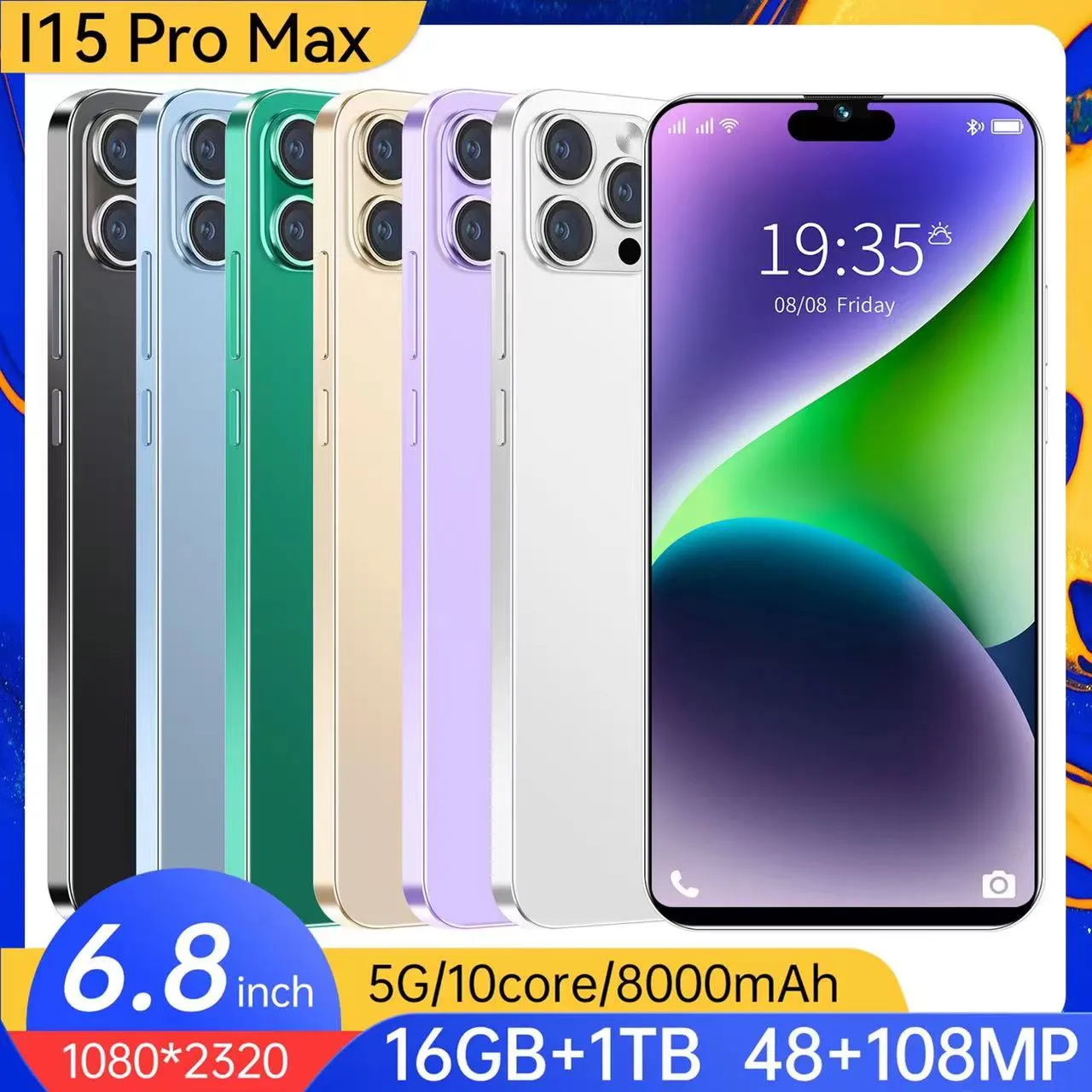 Meiyu Brand New I15 Pro Max Cell Phones 7,3 pouces Smartphone 4G LTE 5G Smartphones 16 Go Ram 1 To Caméra 48MP 108MP Face ID GPS OCTA Core Android Mobile