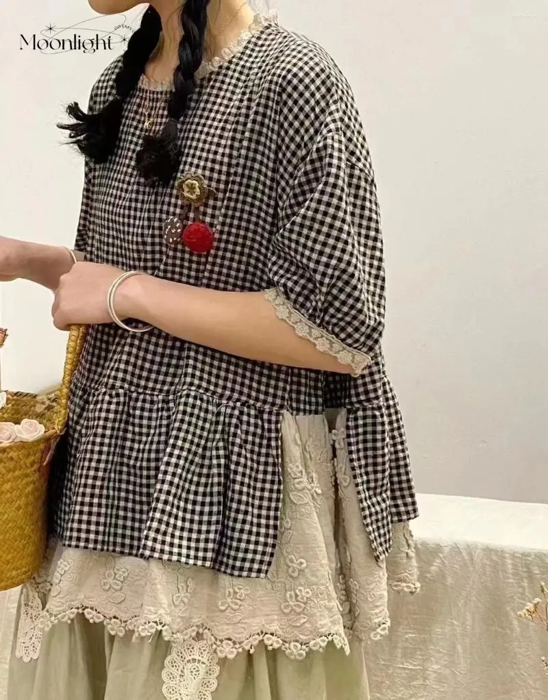 Blouses pour femmes broderie vintage dentelle patchwork Plaid shirt femme été japonais kawaii à manches courtes à manches en coton choux femelle fille mori fille