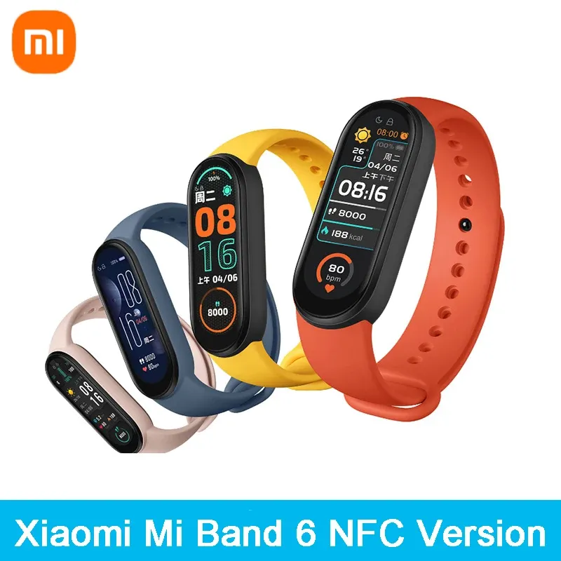 リストバンドXiaomi Mi Band 6 NFCスマートブレスレット1.56 "AMOLEDスクリーンMIBAND 6心拍数フィットネストレーカーBluetooth 5atm防水リストバンド