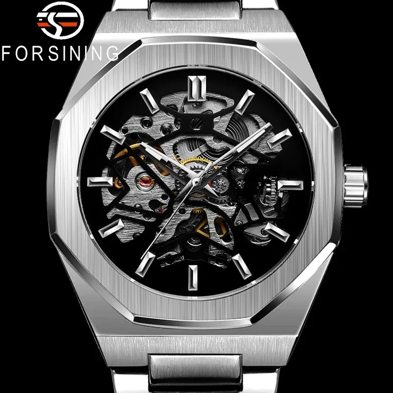 Klockor ForSining New Automatic Mechanical Men armbandsur Military Army Sport Male Clock Top Brand Luxury Silver Skeleton Man Watch 8198