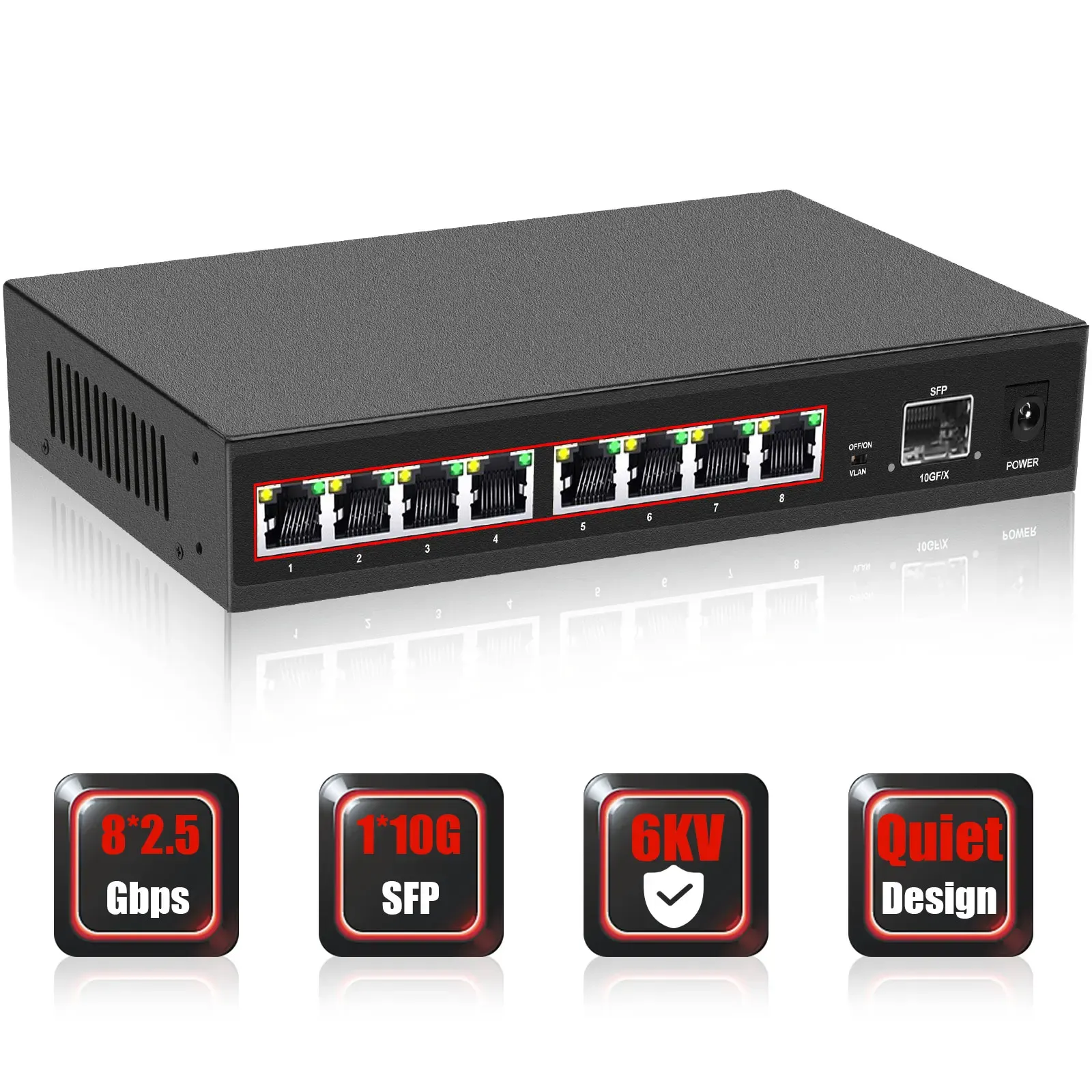 Switch Switch gigabit completo 8 porte da 2,5 Gbps Interruttore di rete da 10 Gbps Ethernet Switch non gestito LAN RJ45 Hub per wireless AP/WiFi 6