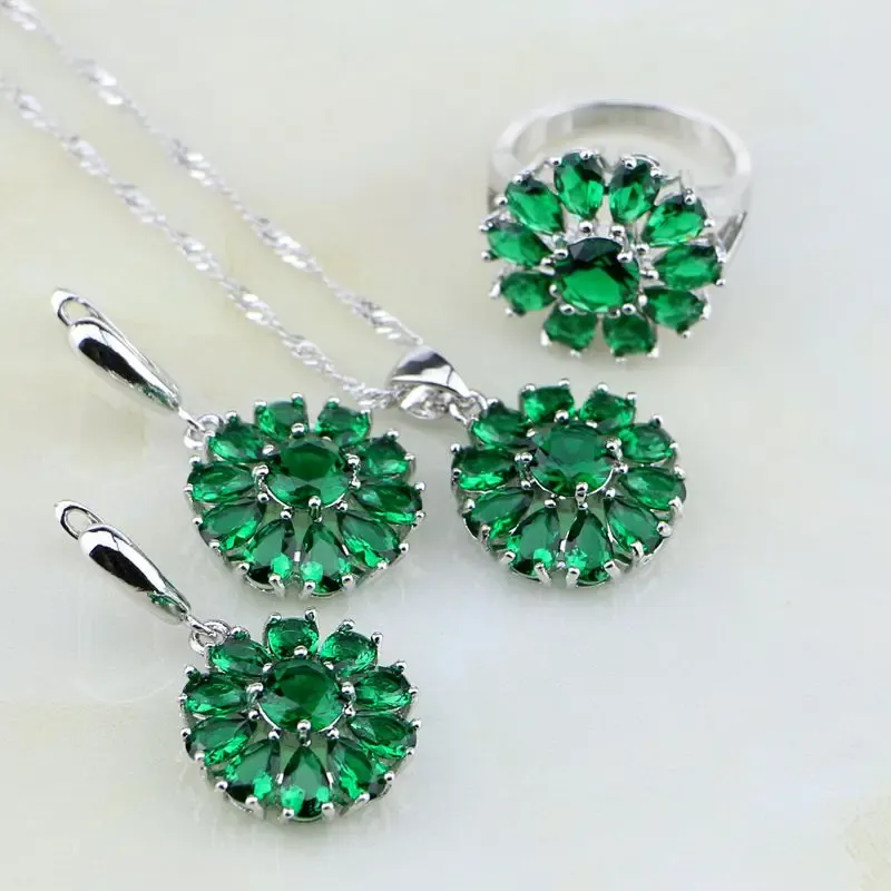Colares verdes emerlad branco cristal australiano 925 conjuntos de jóias de prata esterlina para mulheres brincos de casamento/pingente/colar/anel