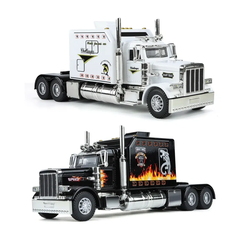 Bilar 1/24 Trailer American Tow Truck Head Tractor Diecast Alloy Miniature Toy Car Model Pull Back Sound Light Collection Gift for Boy