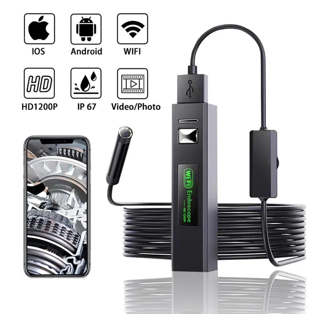 Webcams WiFi Industrial Endoscópio Câmera HD1200p Lente de 8mm Ferrocopo IP67 Imper impermeável para iPhone Smart Android USB PC Inspeção de esgoto de carro