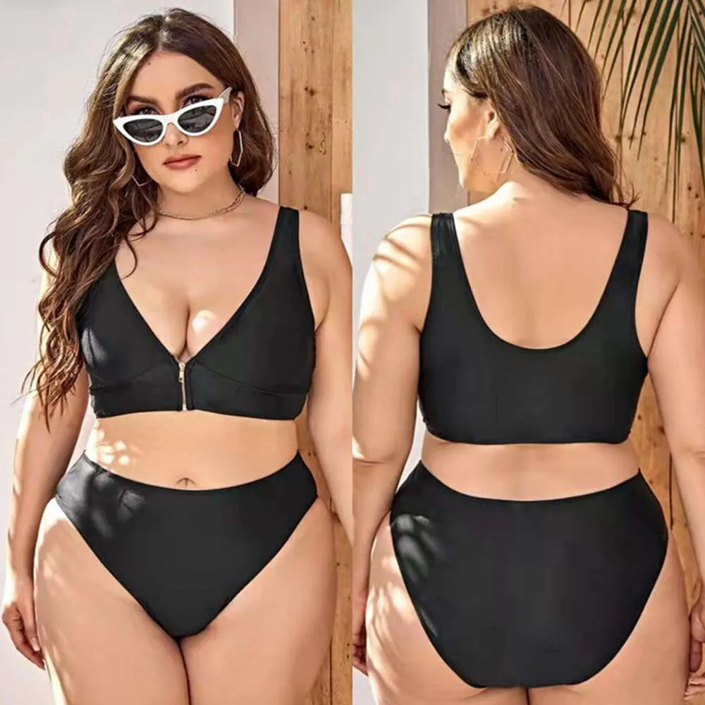 Fat Po Plus Size Solid Bikini Sexy Deep V Zipper Gathering High Waist Swimsuit for Women