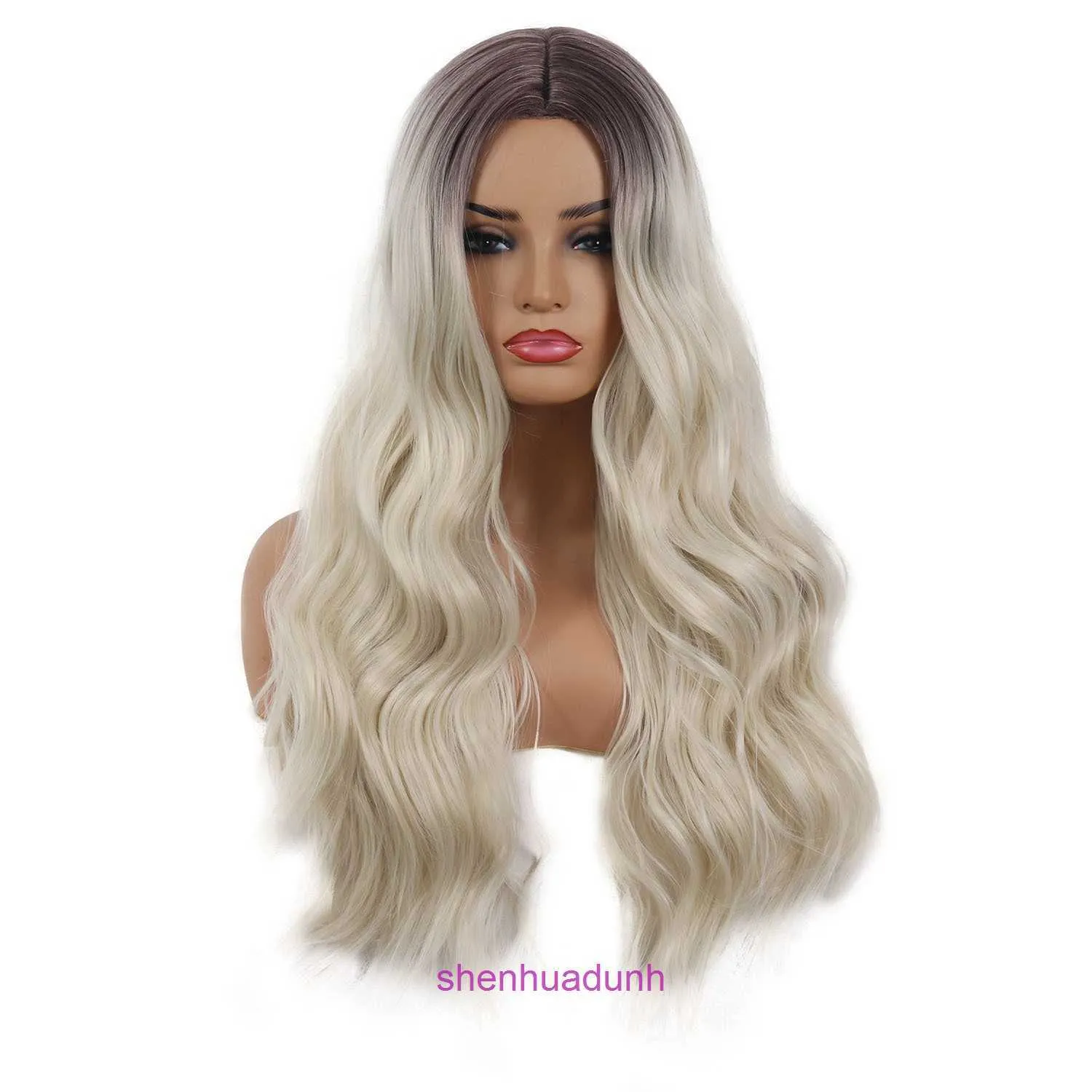 Designer Wigs Human Hair For Women Chemical Fibre Nouveau gradient Couleur à haute température Silk Long Curl Dyeing Black and White Wig Set