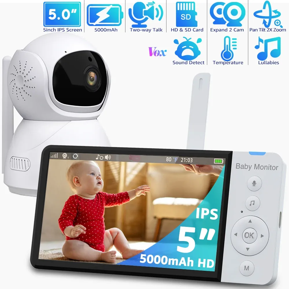 Monitors 5"HD Baby Monitor with Camera 5000mAh Battery IPS Screen BabyPhone Nanny PTZ Camera Babysitter 2way Audio VOX Lullaby SD Card