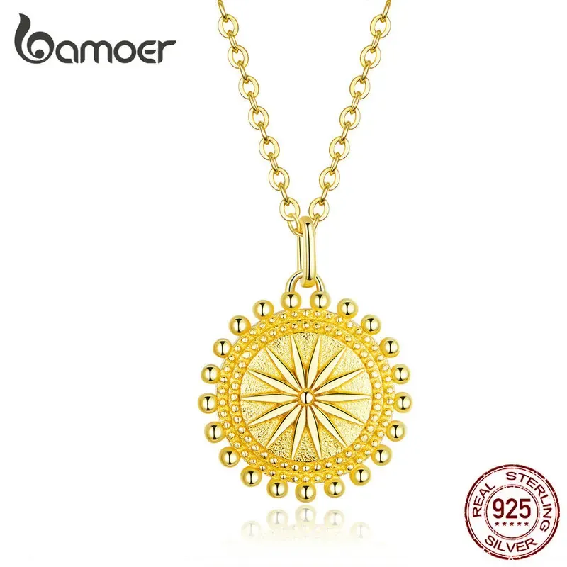 Colliers Bamoer Sun Coin Pendant Neckcece for Women Gold Couleur véritable 925 Colliers de chaîne en argent sterling Collier Bijoux de mode SCN353