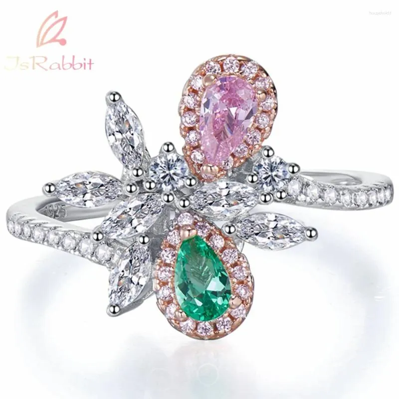 Cluster Anneaux Israbbit 18K Gold plaqué Pier Coup 3 5 mm Ruby Emerald Two Gem Diamond Flower for Women Silver 925 Bijoux Fairs