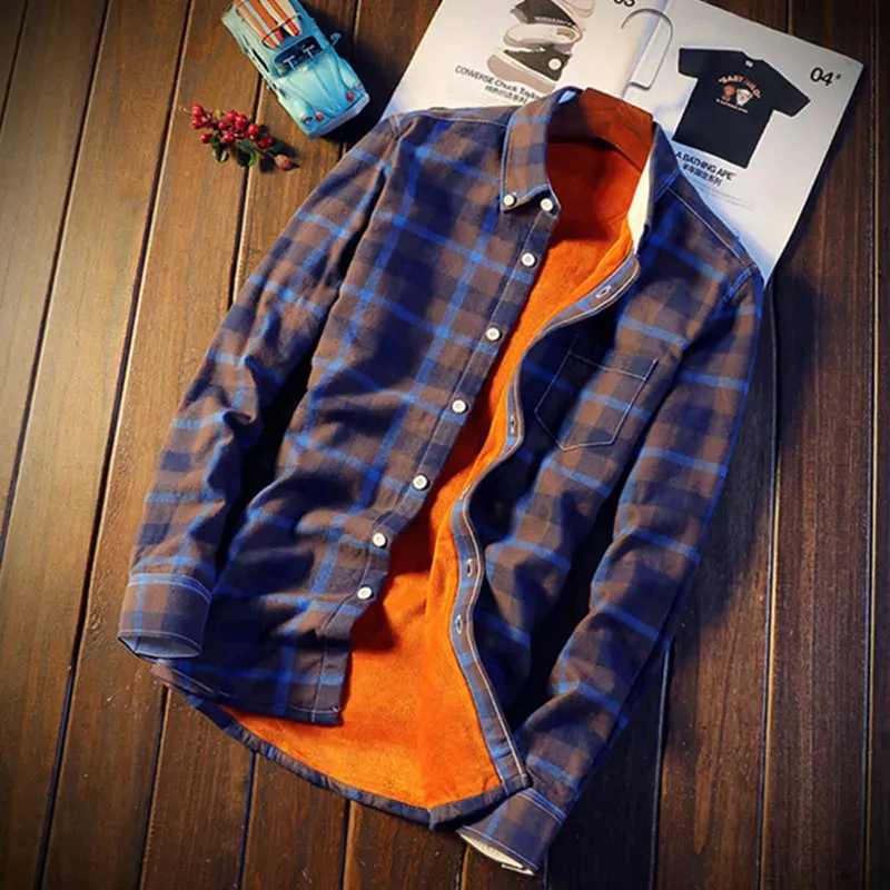 Shirts Camisa Masculina Shirt Men Plaid Flannel Shirts Mens Casual Autumn Winter Spring Thick Warm Fleece Cotton Long Sleeve Shirt 5XL