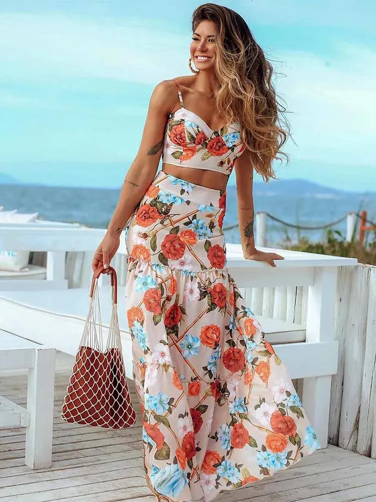 Summer Printed Женский костюм для одежды сексуальные два куски пляжные платья без рукавов слабые наполненные топы и длинная юбка с высокой талией 240411