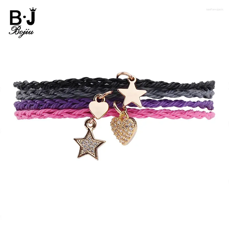 Charm Bracelets BOJIU Fashion Heart Star Rope For Women Adjustable Black Grey Purple Pink Leather Thread Bracelet Lady BC255