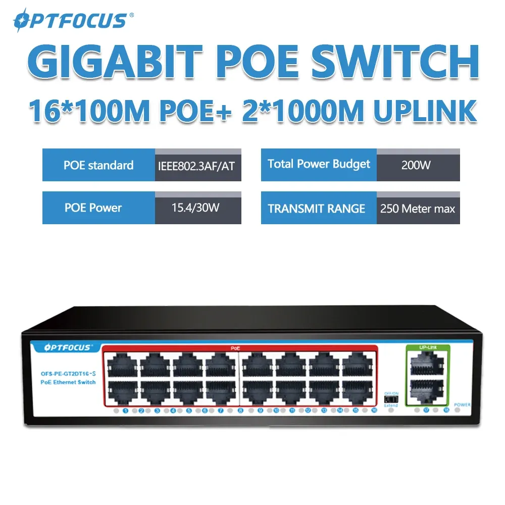 مفاتيح Optfocus 16 منافذ Poe Switch 52v 200w 802.3af في 10/100/1000 ميجابت في الثانية مفاتيح شبكة Poe 16 Portas Poe+ Gigabit Hub Switch