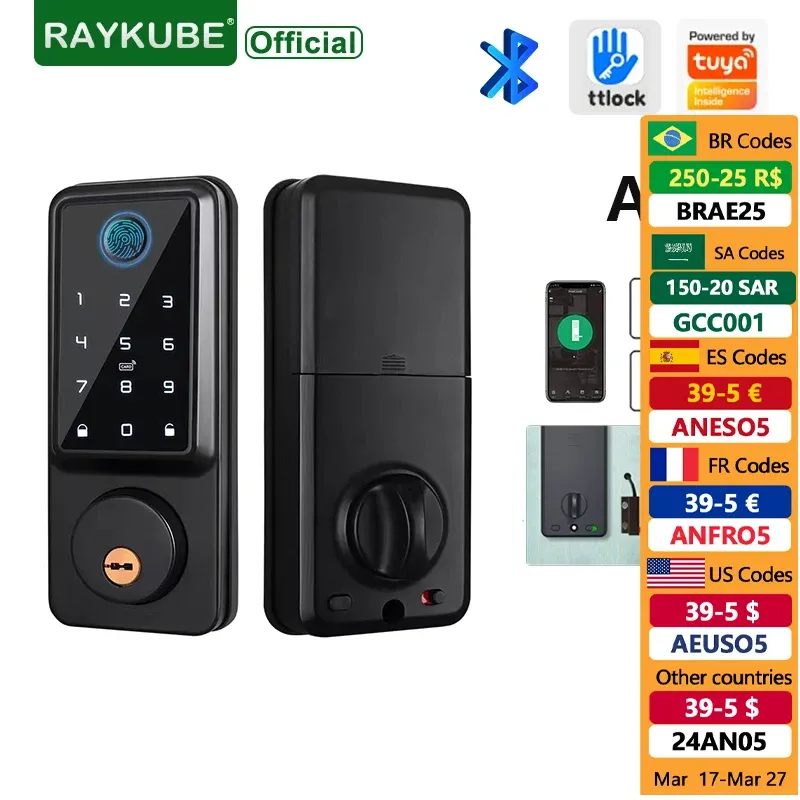 Kontroll Raykube A1 TT Lock/Tuya WiFi Auto FingerPrint Deadbolt Smart Door Lock Digital Lock med Door Sensor Password/IC Card/App/Key