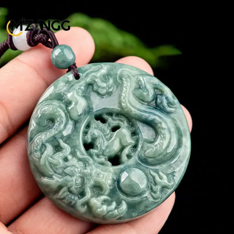 Necklaces Natural Agrade Jadeite Dragon and Horse Spirit Pendant Handcarved Hollow Out The Zodiac Jade Pendant Men's Good Luck Necklace