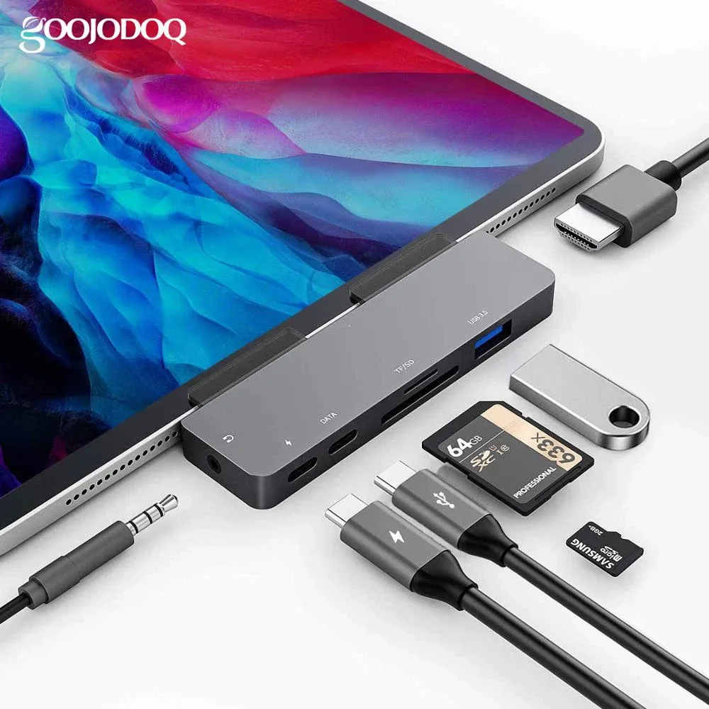 Hubs USB Тип C Hub для iPad Pro 11 12.9 MacBook, 7 в 1 USB C Hub с 4K HDMIC -совместимым разъемом для наушников, USB3.0, USB C PD Зарядка